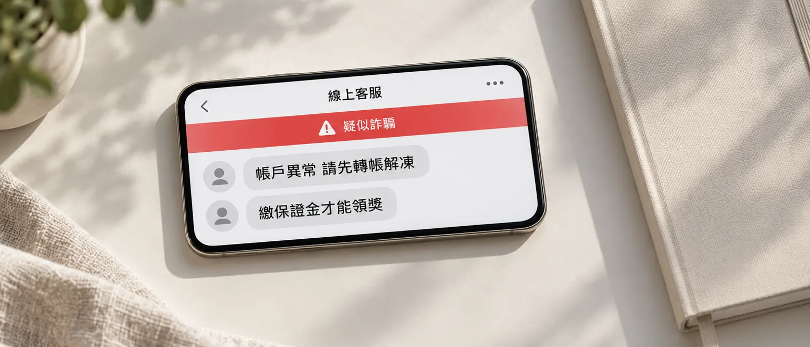 手機上的假客服對話要求先轉帳解凍、再繳一筆錢才能領獎,畫面標示疑似詐騙
