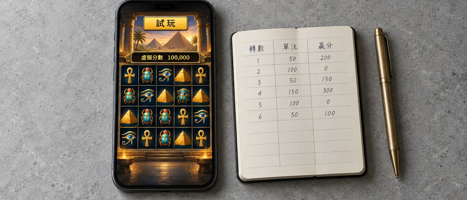 灰色石桌上的手機開著埃及風格的老虎機試玩畫面，上方標著試玩和 100,000 虛擬點數，旁邊筆記本手寫轉數紀錄表