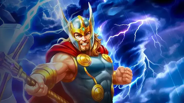 雷神之鎚 II 的主角:戴金銀翼盔、揮著巨大銀鎚的北歐戰士,背景是紫藍色的雷暴