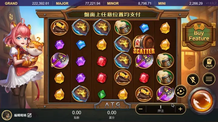 虎小妹主遊戲盤面,右上有 Buy Feature 按鈕